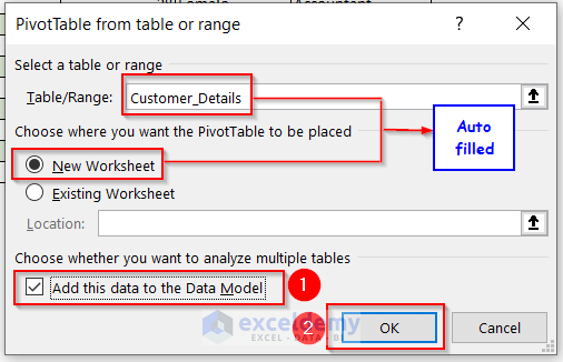 Create PivotTable from table or range in Excel with Adding Data Model