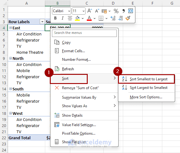 sort pivot table