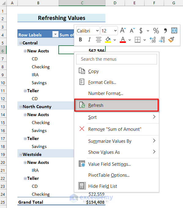 Refreshing Values in Pivot Table in Excel