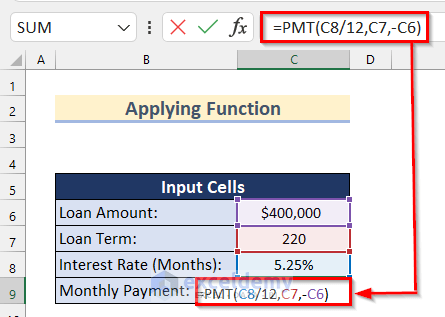 Calculating Monthly Payment with Function to Create One Variable Data Table in Excel