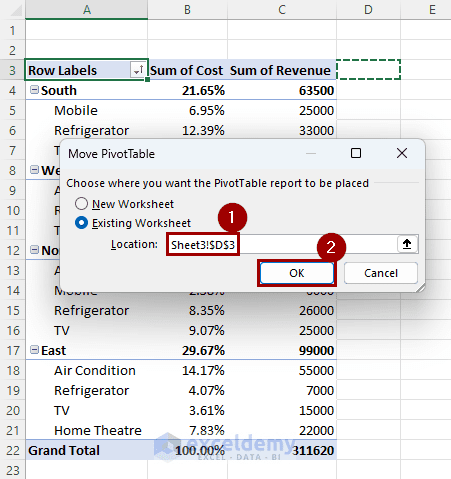 select new location for moving pivot table