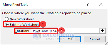 Select a location in the existing dataset to move the pivot table