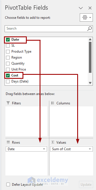 selecting fields for pivot table with dates