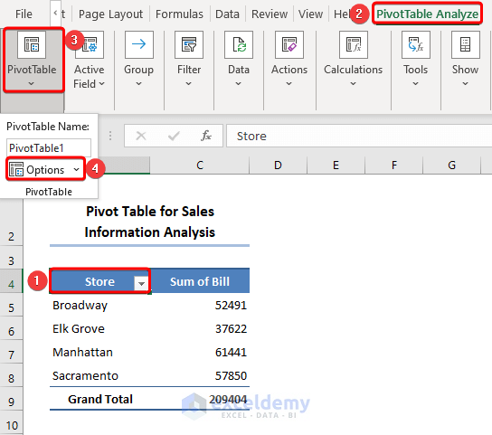 Go to the options field of the pivot table