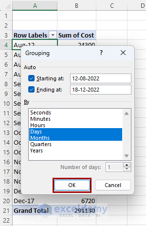 select months for grouping pivot table