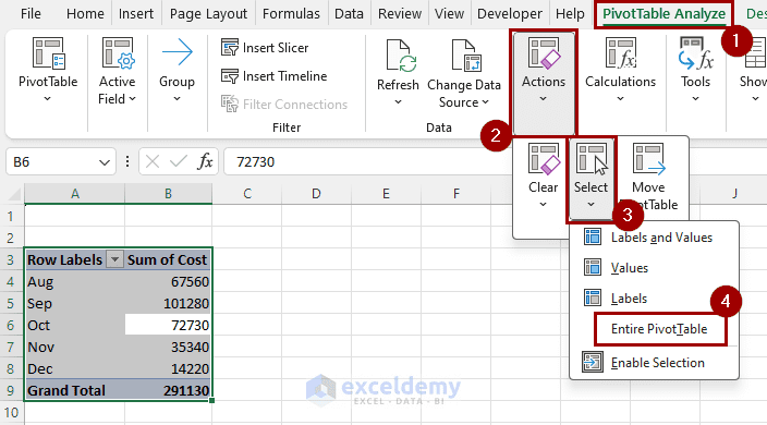 delete pivot table in excel