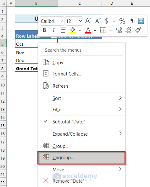 Ungrouping Dates in Pivot Table in Excel