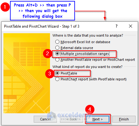 Make Pivot table for Different Worksheets with PivotTable and PivotChart Wizard
