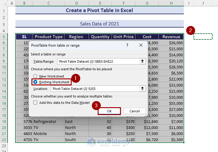 create a pivot table in existing sheet