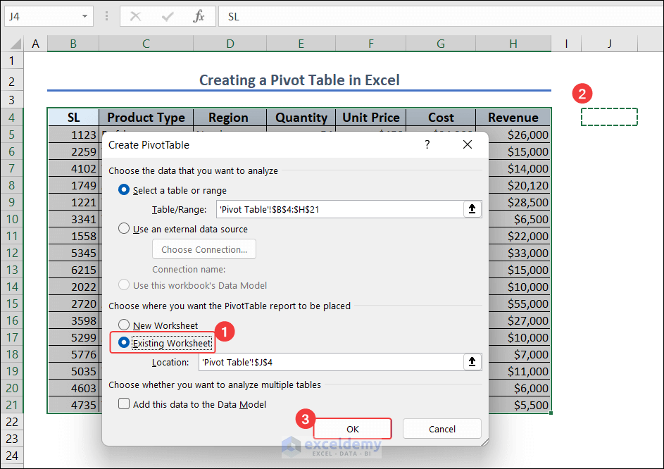 5-create a pivot table in existing sheet