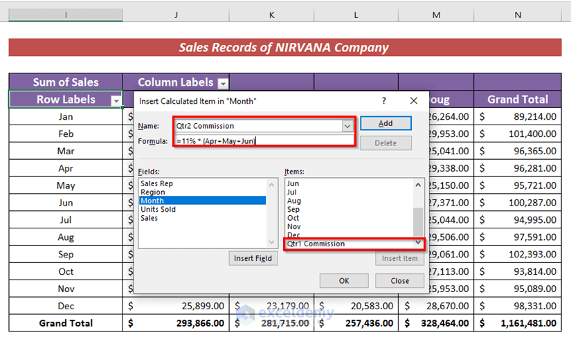 Inserting Calculated Item in Pivot Table