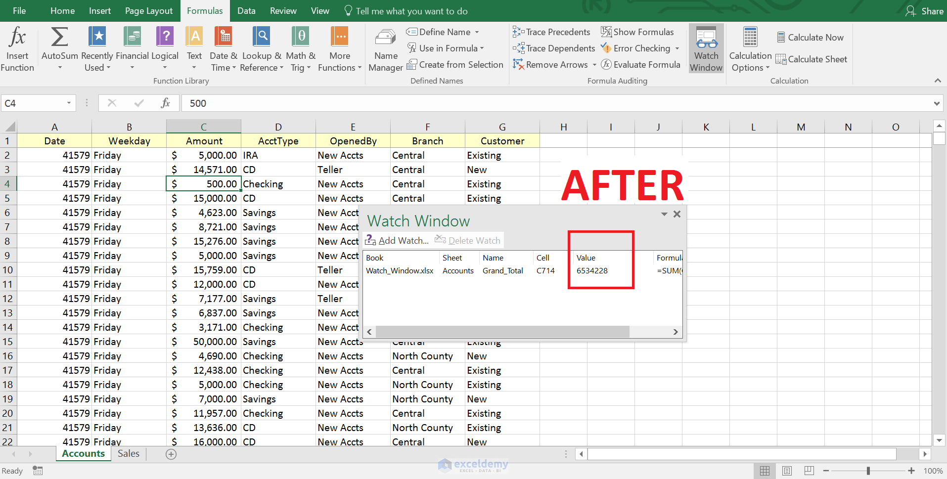 Excel, Watch Window, Bank Data