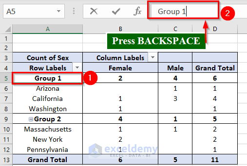 Using Formula Bar to Rename a Default Group Name in Pivot Table