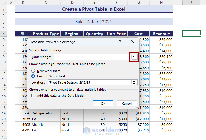 select a table or range in create pivot table box