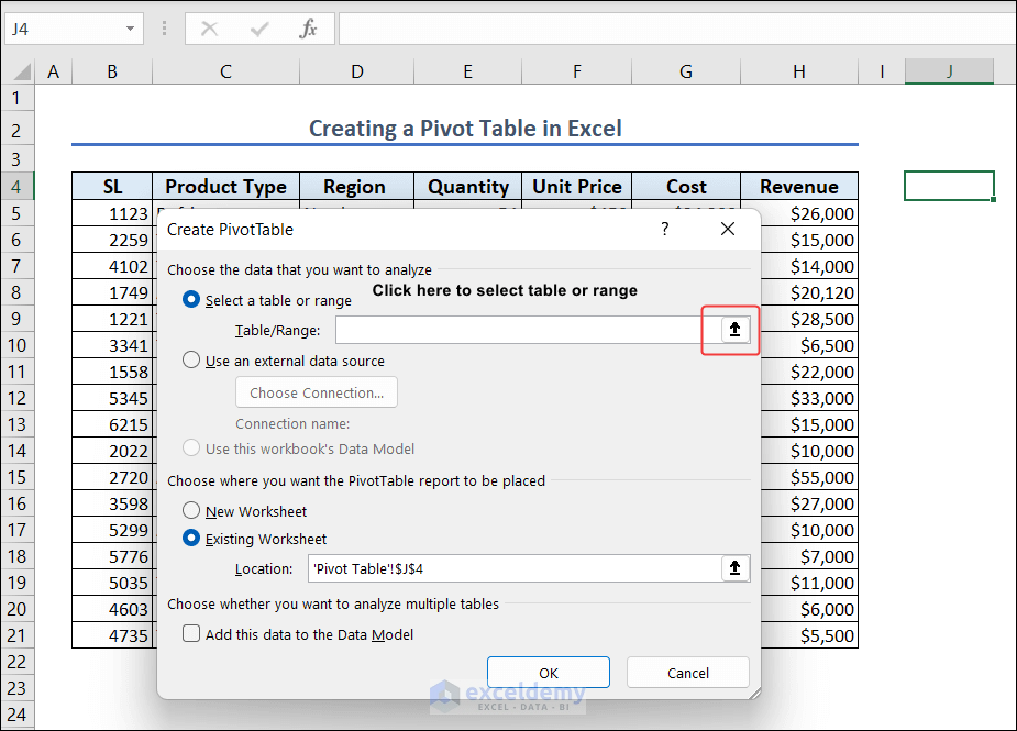 7-select a table or range in create pivot table box
