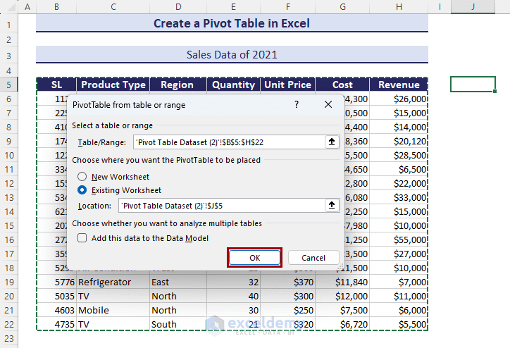 click OK to insert pivot table
