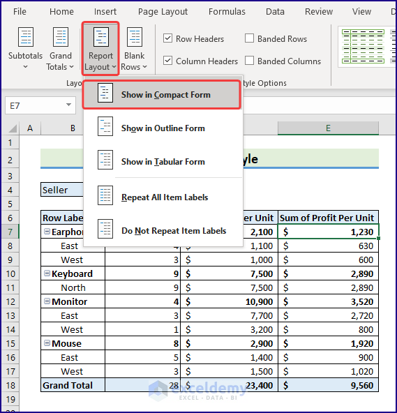 Compact form of Pivot Table Layout