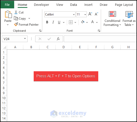 Using Keyboard Shortcut to open Excel option for displaying the developer tab