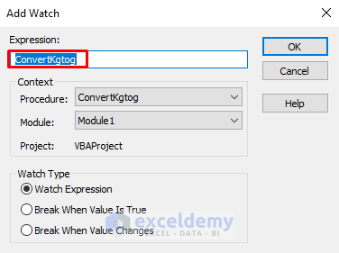 Set Expression Name to Create VBA Watch Window