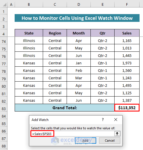 Select a Cell in Excel Watch Window