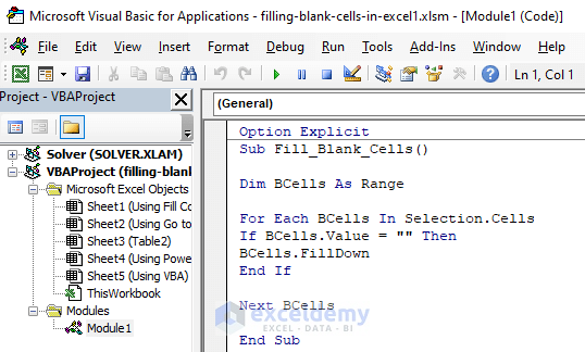 Insert Codes in VBA to Fill Blank Cells