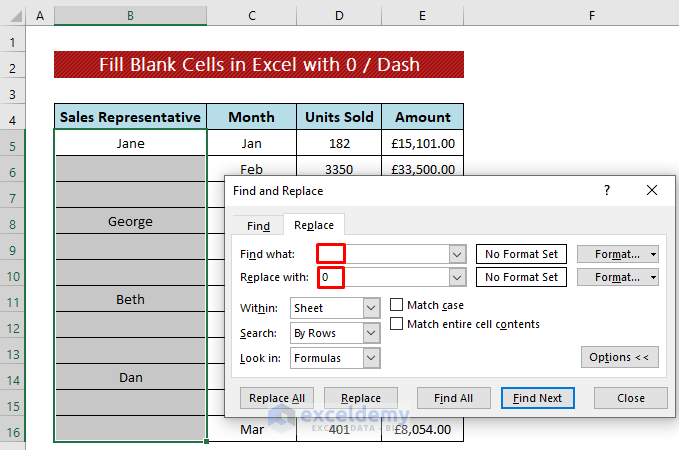 Fill Blank Cells in Excel with 0 / Dash
