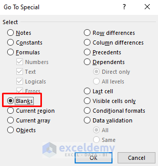 Select Blank Cells Using Go to Special Tool to Fill Blank Cells