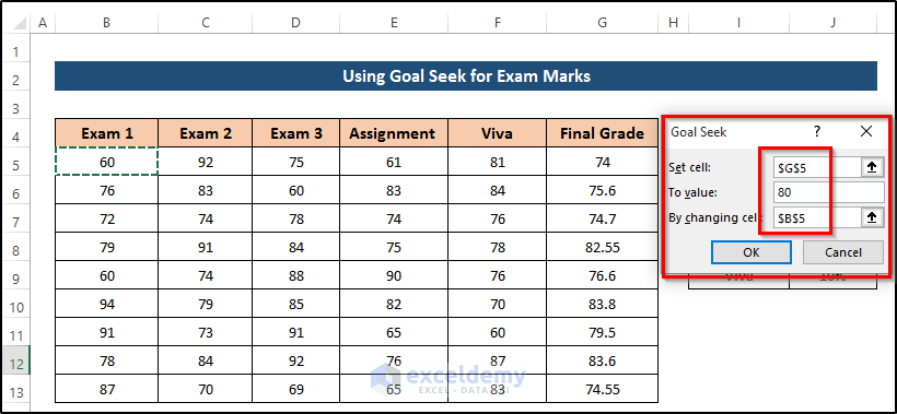Using Goal Seek Analysis for Exam Marks