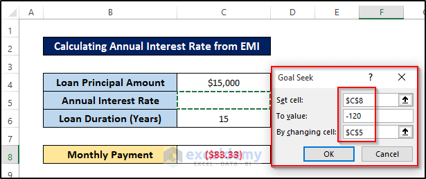 Using Goal Seek Analysis to Calculate Annual Interest Rate from EMI 