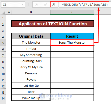 Apply TEXTJOIN Function to Add Text to Cell