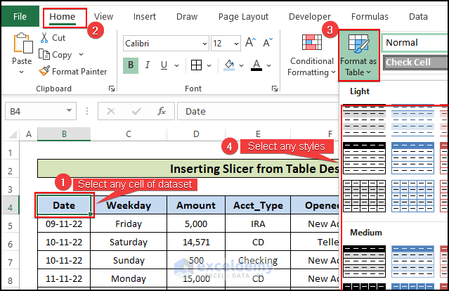 Create Excel table from dataset