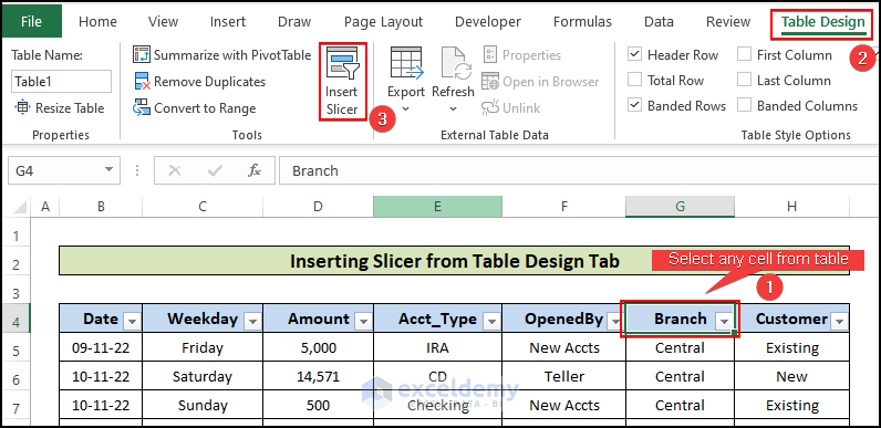 Insert Slicer in Excel table