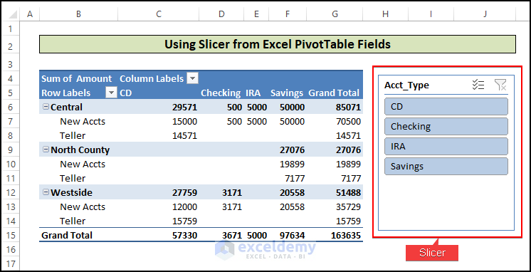 output of Using Slicer from Excel PivotTable Fields