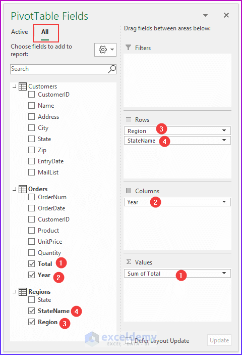 Inserting PivotTable Fields to Areas