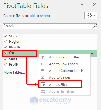 Add the Qtr Fields as Slicer in the Pivot Table