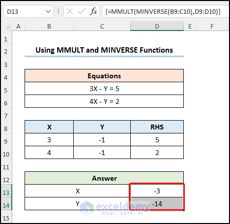 solving simultaneous equations with MMULT and MINVERSE Functions