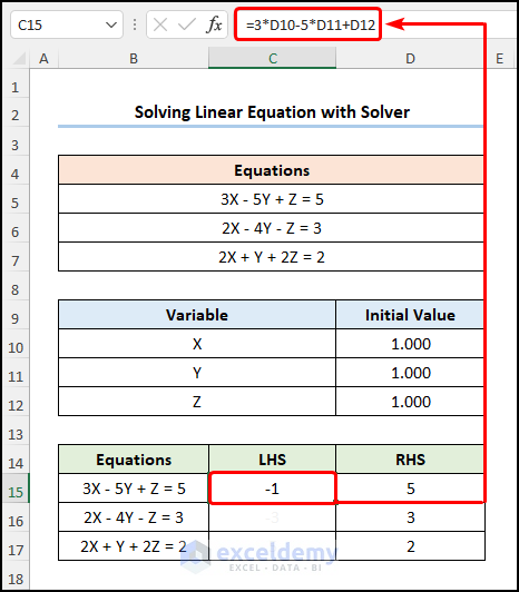 Solving Linear Equations in Excel Using Solver