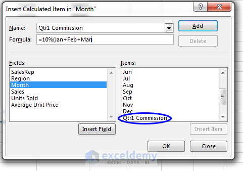 Inserting a calculated item into a pivot table