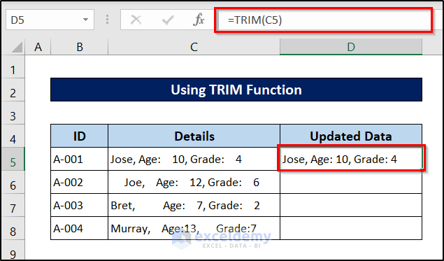 removing extra space using trim function in data cleaning techniques in excel