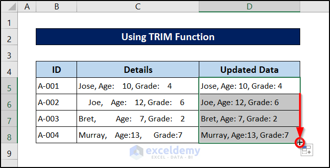 space removed using trim function in data cleaning techniques in excel