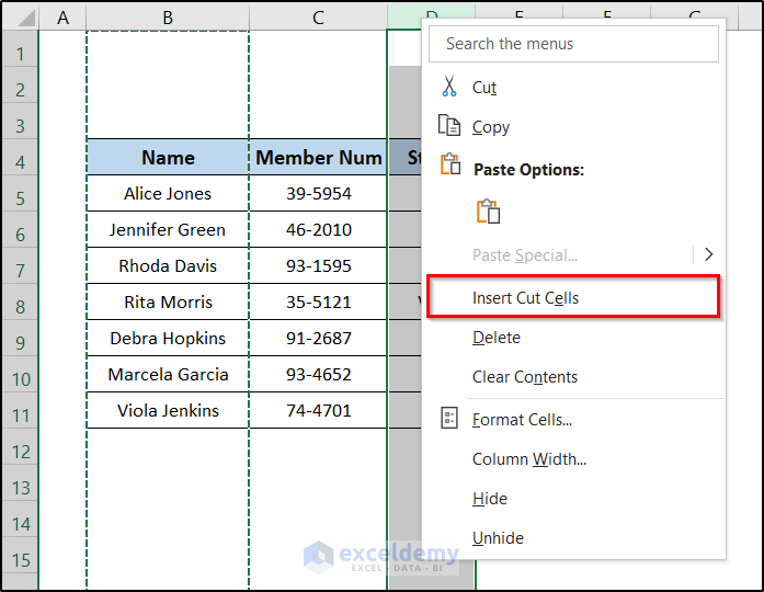 insert cut cells option for rearranging columns in data cleaning techniques in excel