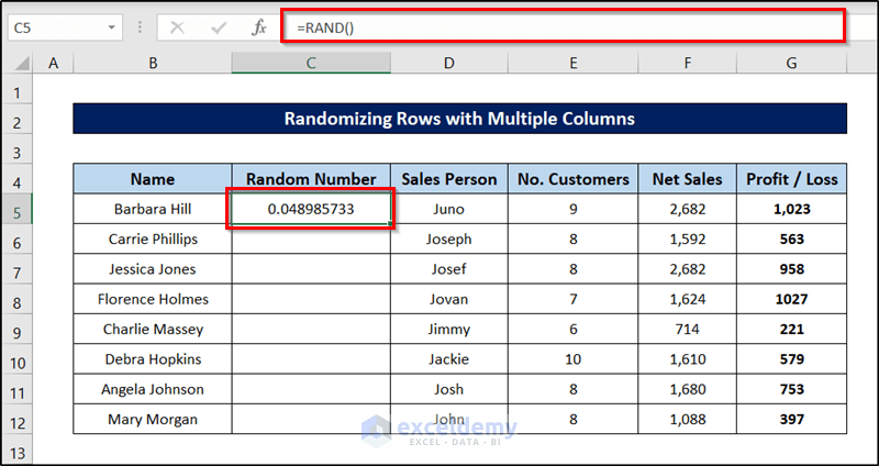 inserting random number for randomizing rows in data cleaning techniques in excel