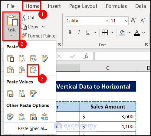 paste special for changing vertical data to horizontal