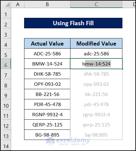 flash fill feature to edit text excel