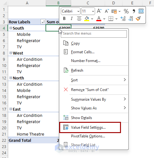 selecting value field settings from context menu