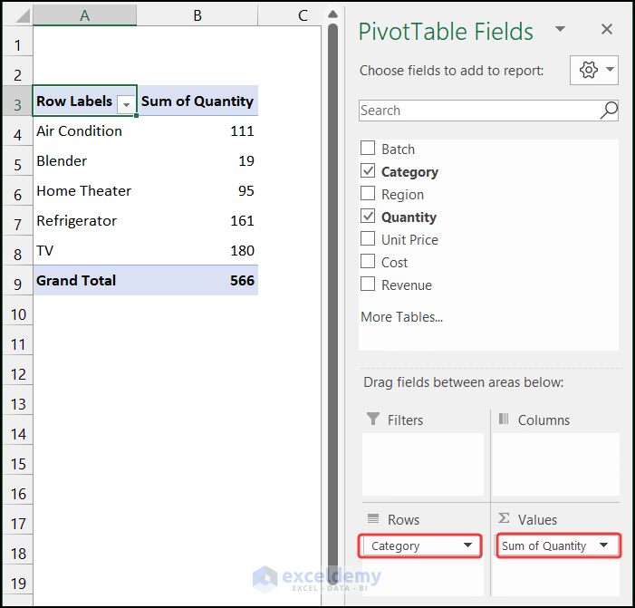 Inputting the fields in the areas of the Pivot Table