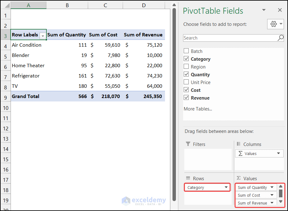 Inserting Fields into Analyze Data in Pivot Table