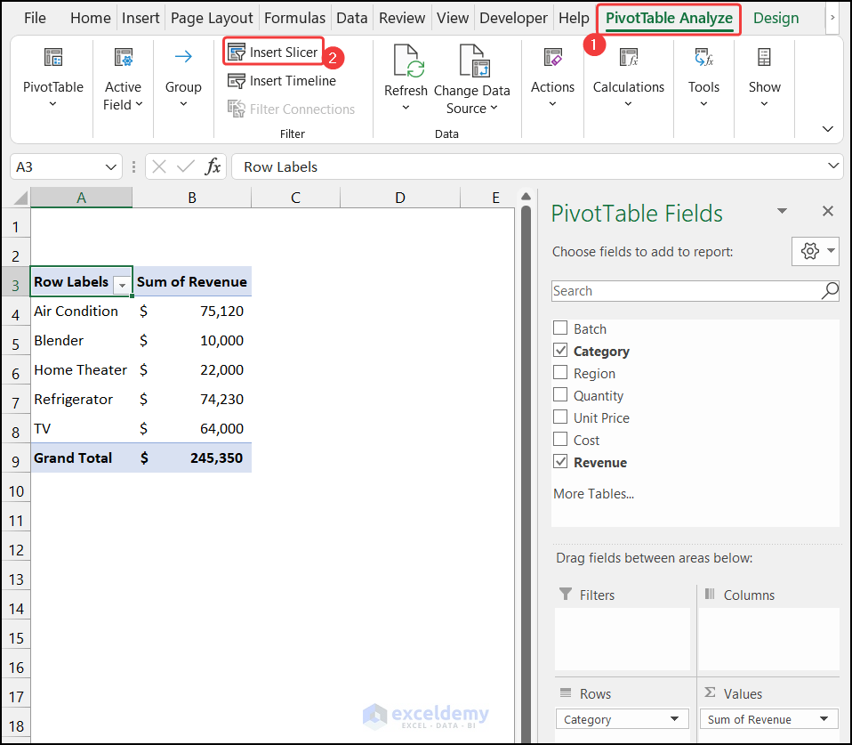 Insert Slicer in Excel Pivot Table from the Analyze tab
