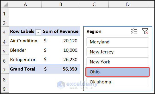 Placing Slicer for Excel Pivot Table Example