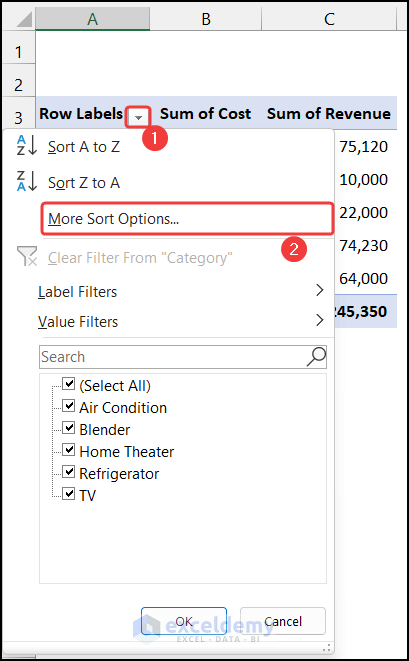 Choosing suitable option to sort data in Pivot Table
